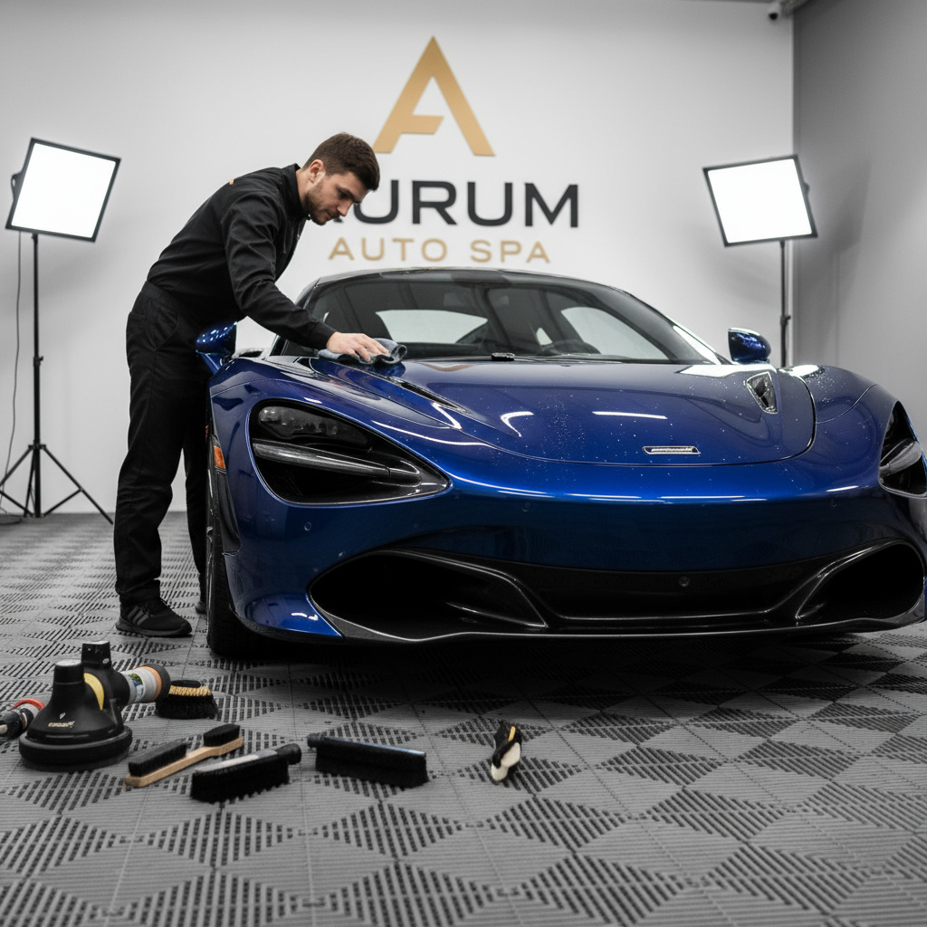 Luxury car being meticulously detailed by a professional
